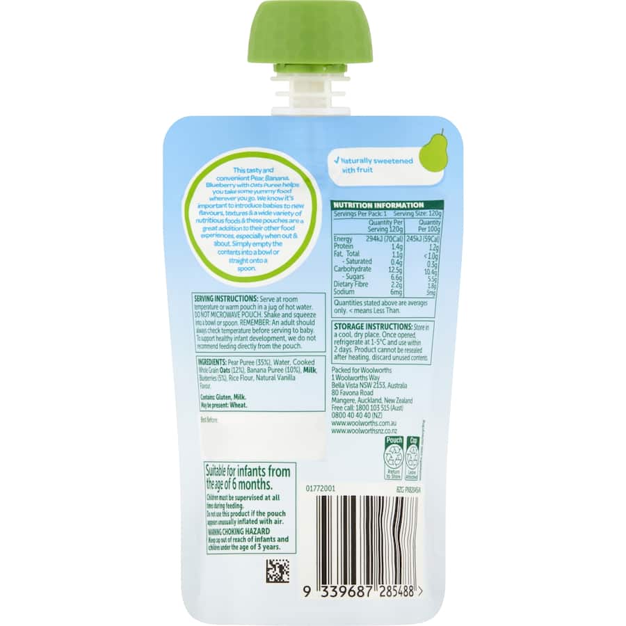 Woolworths Smiling Tums Baby Food 6+ Months Pear, Banana & Blueberry Pouch 120g