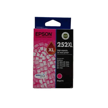 Epson 252XL Magenta ink cartridge for vibrant, durable prints with high yield, compatible with various WorkForce printers.