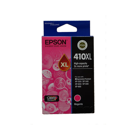 Epson 410XL Magenta ink cartridge for vibrant prints, water-resistant, high yield, compatible with multiple Expression Premium printers.