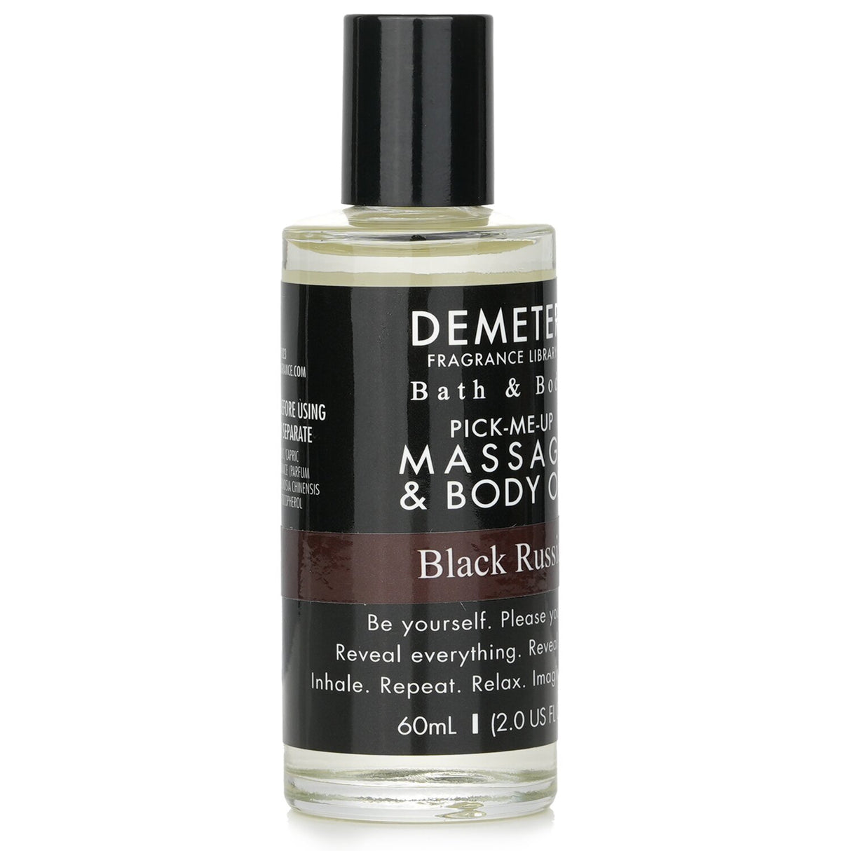 Demeter Black Russian Massage & Body Oil in a 60ml bottle, featuring a sheer texture and a soothing aloe vera scent.