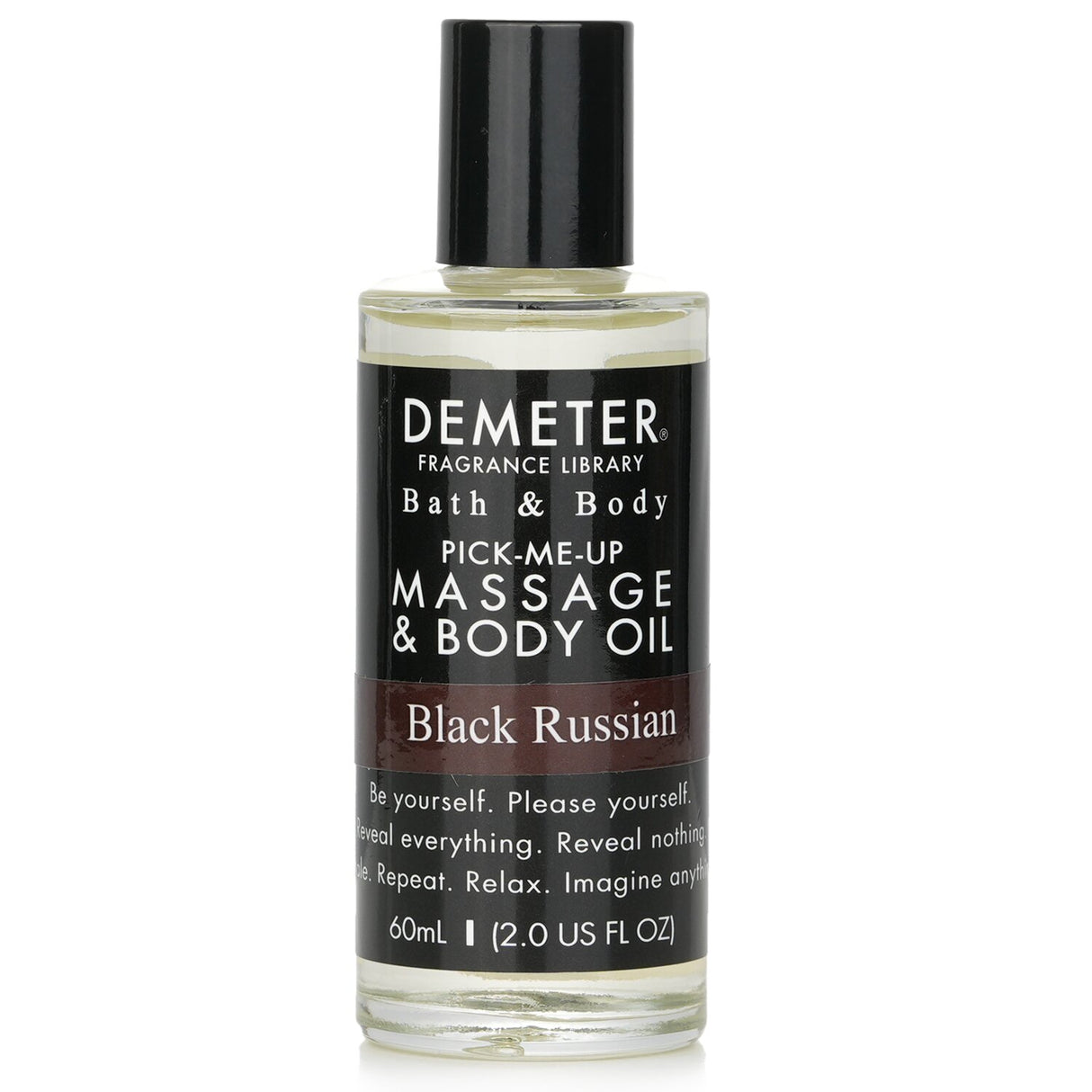 Demeter Black Russian Massage & Body Oil 60ml, lightweight, moisturizing formula with soothing aloe vera scent for a holistic experience.