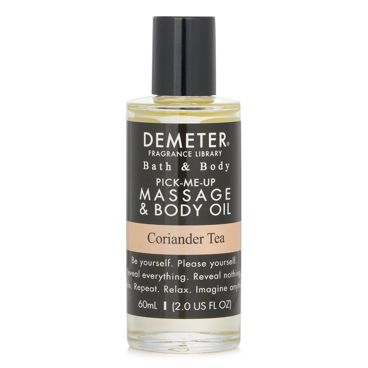 Demeter Coriander Tea Massage & Body Oil in a 60ml bottle, featuring a refreshing scent and a non-sticky sheer texture.