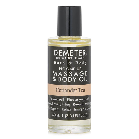 Demeter Coriander Tea Massage & Body Oil in a 60ml bottle, featuring a refreshing scent and a non-sticky sheer texture.