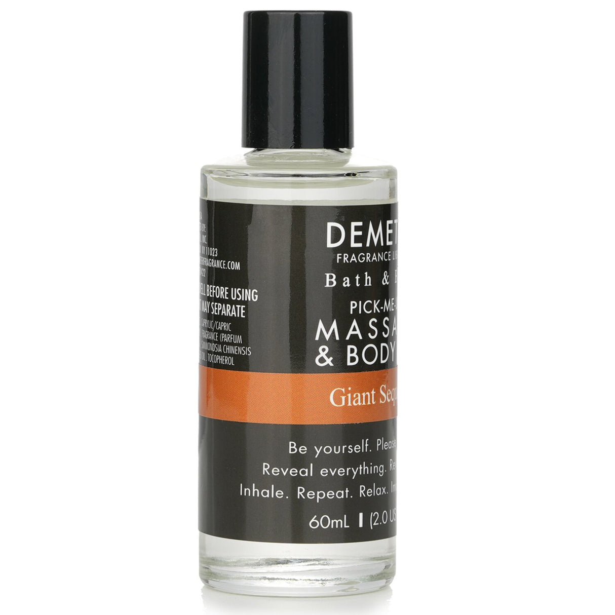 Demeter Giant Sequoia Massage & Body Oil in 60ml, featuring a soothing scent and non-greasy formula for skin hydration.