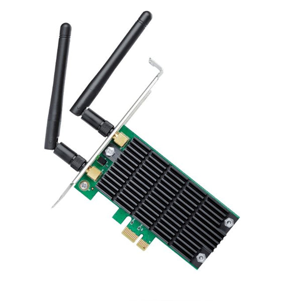 TP-Link Archer T4E AC1200 PCIe Adapter with dual band, 1200 Mbps speed, and detachable antennas for enhanced desktop Wi-Fi connectivity.