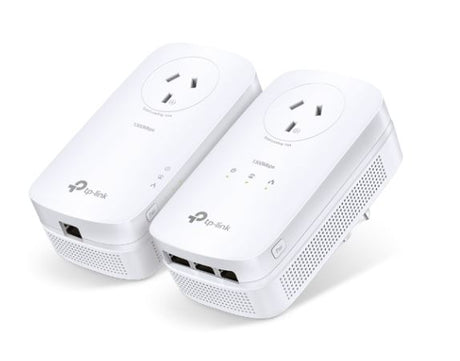 TP-Link PA8033PKIT powerline kit with 2x LAN adapters, 1300Mbps speeds, 3 gigabit ports, and power-saving mode.