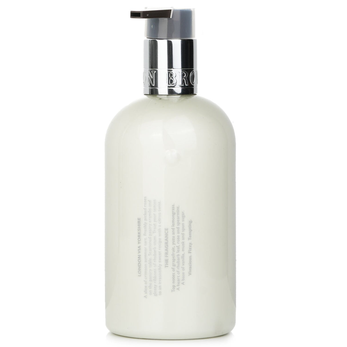 Luxurious body lotion with a melt-in texture, infused with rhubarb and rose for hydration and a soothing aroma.