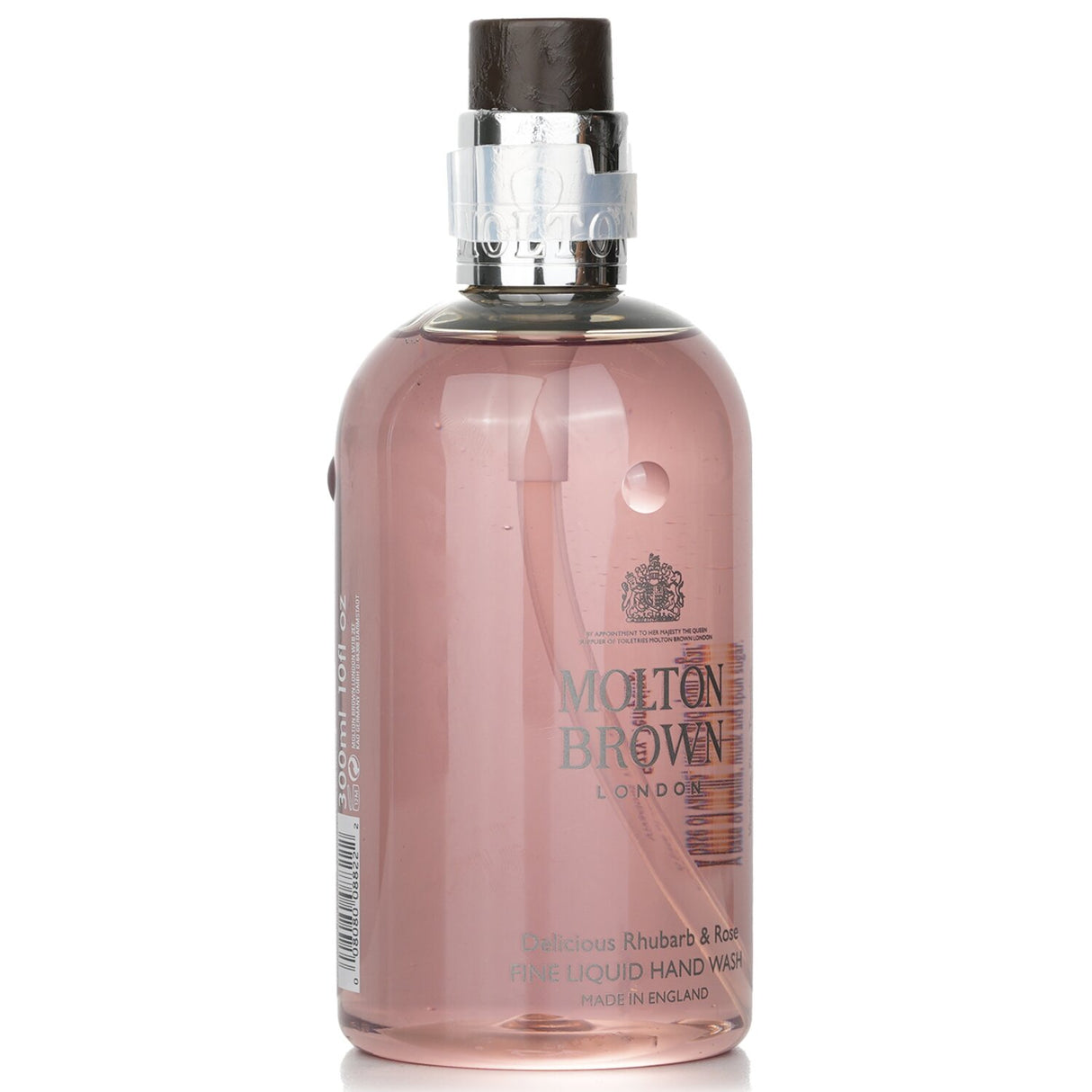 Luxurious Molton Brown hand wash in rhubarb and rose scent, gently cleanses and hydrates while adding elegance to your space.