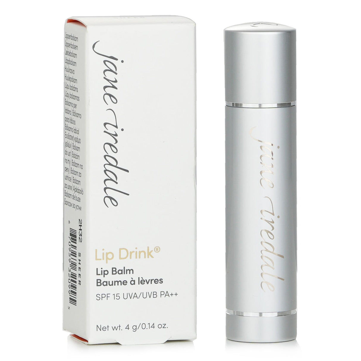 Jane Iredale LipDrink Lip Balm SPF 15 in Sheer, a moisturizing, citrus-flavored balm offering UV protection in a 4g tube.