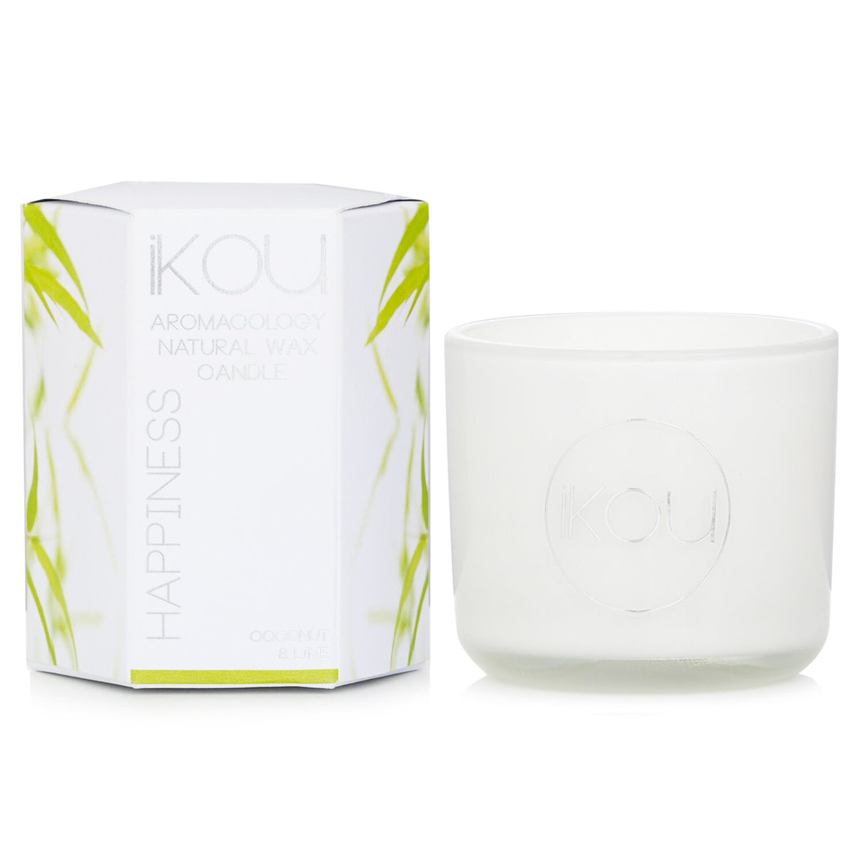 Eco-luxury candle in glass with coconut and lime scent, burns for 50 hours, promoting a blissful, uplifting ambiance.