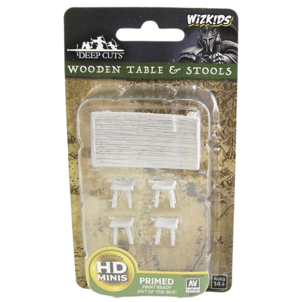 WizKids Deep Cuts Unpainted Miniatures Wooden Table & Stools
