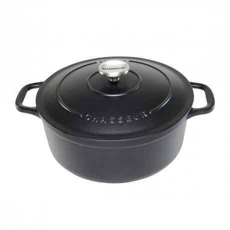 CHASSEUR Round French Oven in Matte Black, 32cm, crafted in France for superior heat retention and elegant cooking.