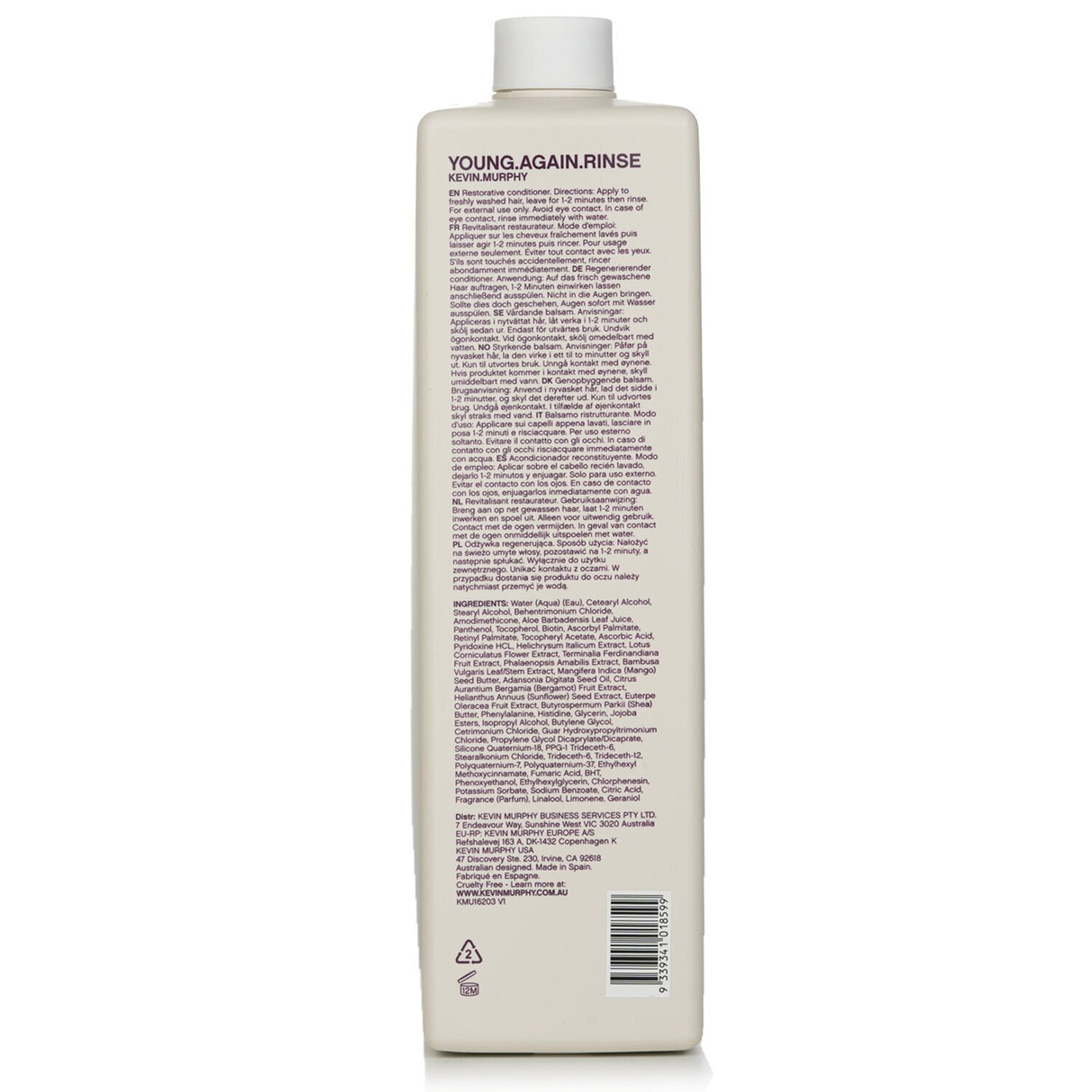 Kevin.Murphy Young.Again.Rinse: 1000ml restorative conditioner for dry, damaged hair, infused with Baobab and Immortelle extracts.