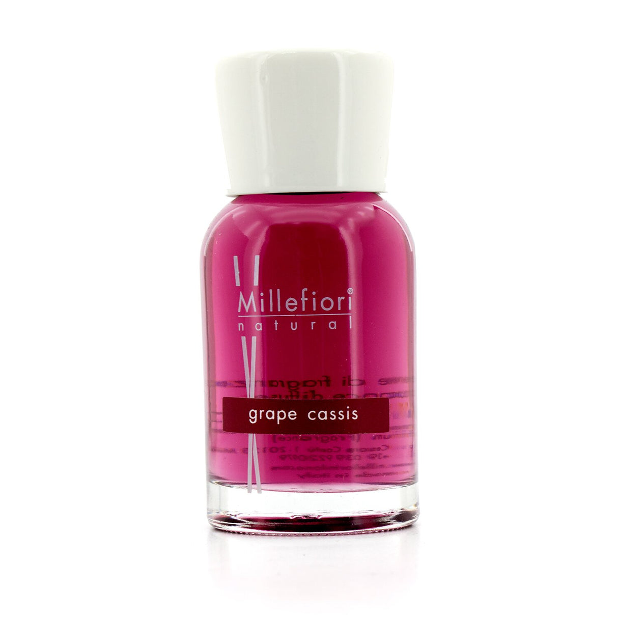 Millefiori Grape Cassis diffuser in a sleek glass bottle with dark wooden sticks, creating refreshing home ambiance.