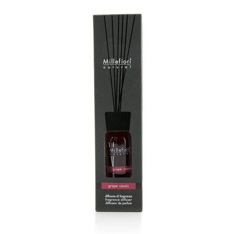 Millefiori Grape Cassis diffuser in a chic glass bottle, featuring dark wooden sticks for a vibrant home aroma.