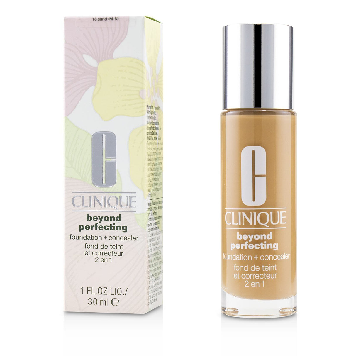 Clinique Beyond Perfecting Foundation & Concealer #18 Sand, 30ml - dual-purpose formula for flawless, breathable coverage.