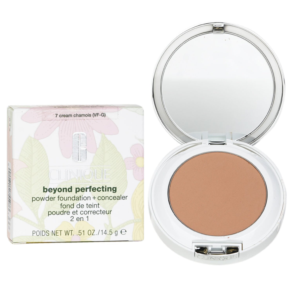 Clinique Beyond Perfecting Powder Foundation + Concealer in #07 Cream Chamois provides full coverage for a flawless complexion.