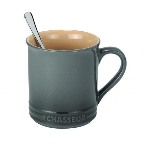 Chasseur La Cuisson Mug in grey, 350ml, stylish enamel stoneware with ergonomic handle, microwave and oven safe to 250°C.