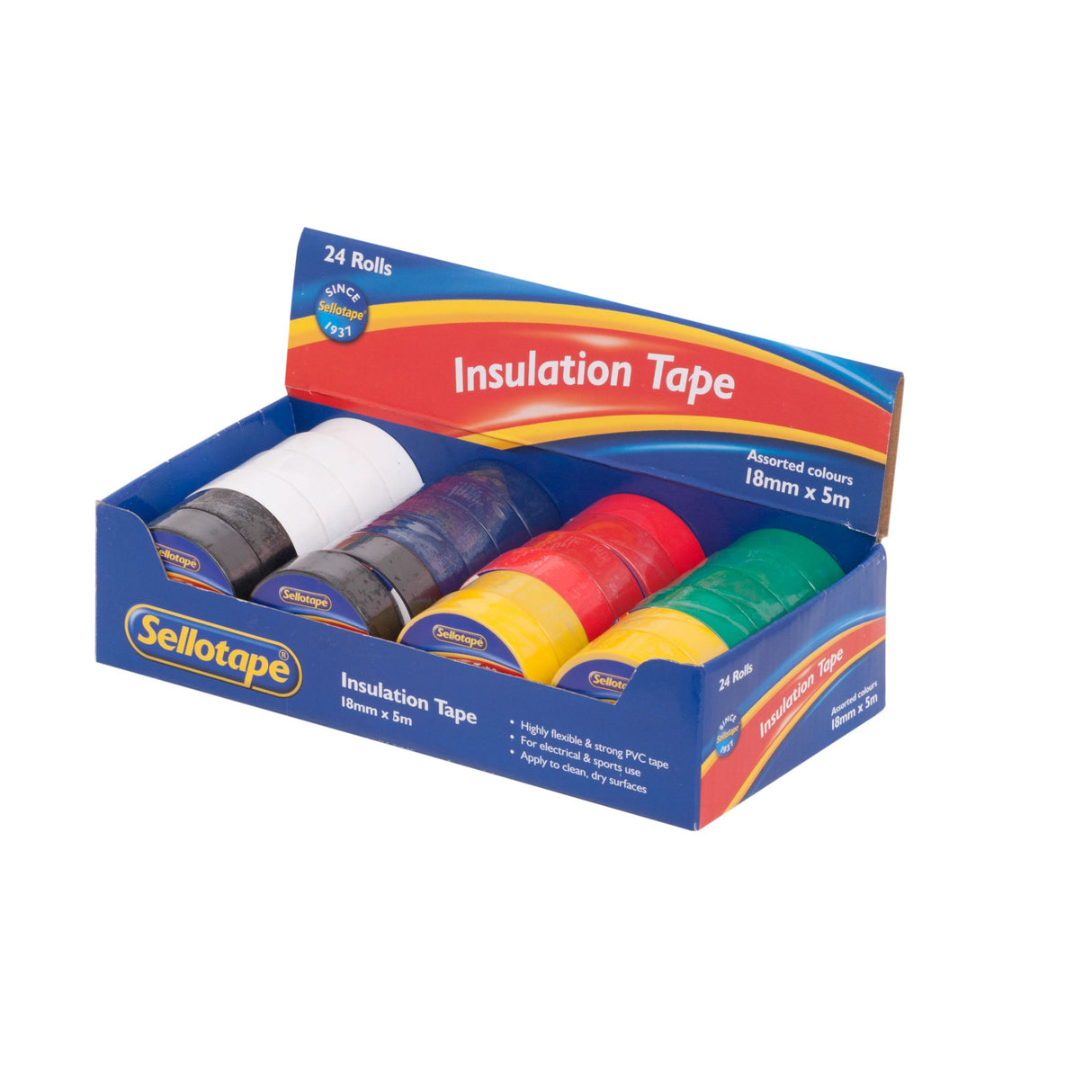 Set of 24 Sellotape TTS018 assorted electrical tapes, 18mm x 5m, made from flexible PVC for versatile use in crafts and repairs.