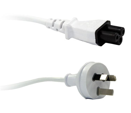 White 2m power cable with 3-pin male and Clover-shaped female connectors, rated at 7.5A for reliable device connectivity.