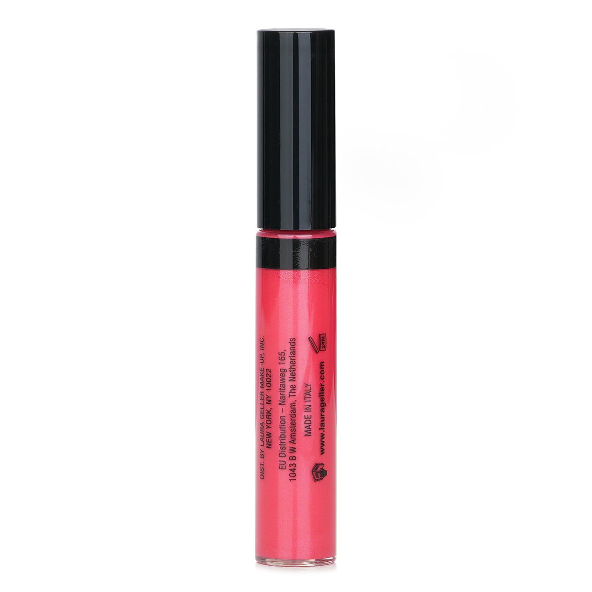 Laura Geller Color Drenched Lip Gloss in #Guava Delight, 9ml, high-shine, non-sticky, vibrant color with coffee aroma.