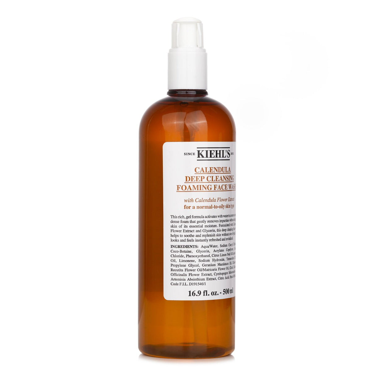 Kiehl's Calendula Deep Cleansing Face Wash in a 500ml bottle, ideal for normal to oily skin, gently cleanses and soothes.