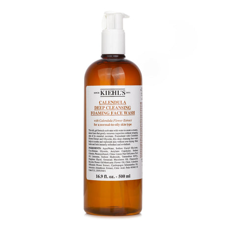 Kiehl's Calendula Deep Cleansing Foaming Face Wash in a 500ml bottle, perfect for normal to oily skin with soothing properties.