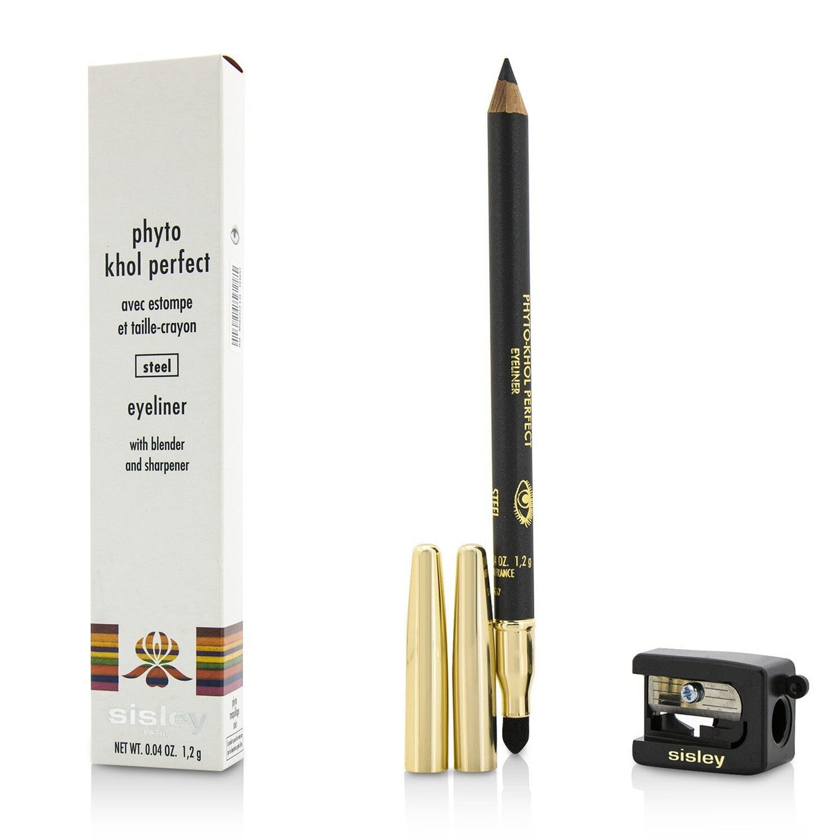 Premium Sisley Phyto Khol Perfect Eyeliner in #Steel, featuring a smooth formula, metallic highlights, sharpener, and blender.