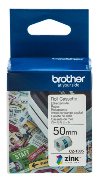 Brother CZ-1005 50mm Printable Roll Cassette for vibrant, customizable labels using ZINK® technology, 5m length.