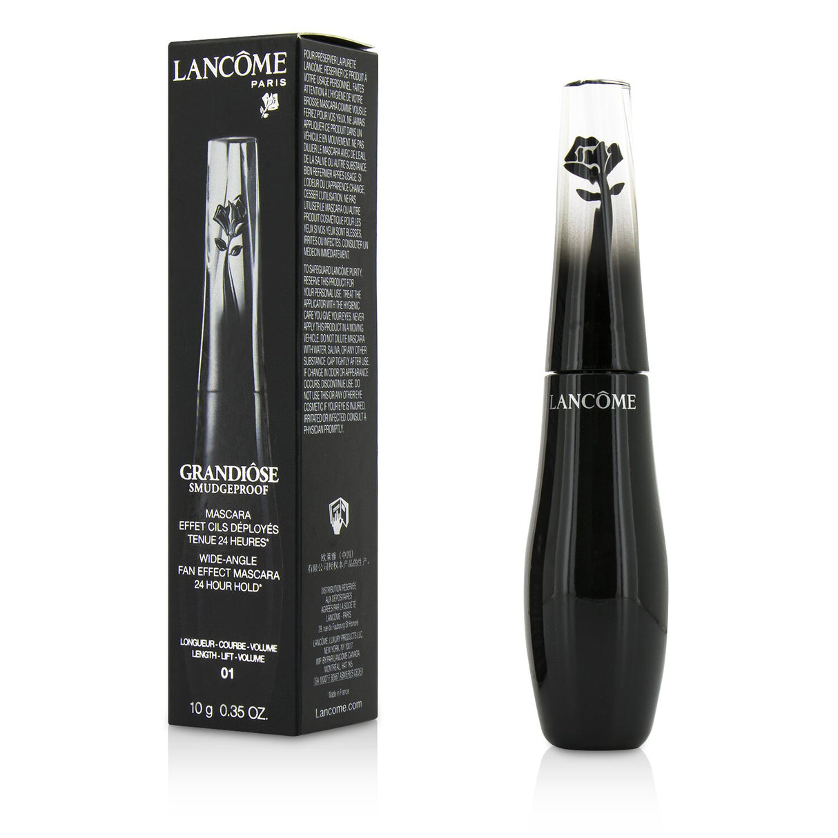 Lancôme Grandiose Mascara #01 Noir Mirifique, featuring a Swan-Neck wand for beautifully fanned, smudge-proof lashes.