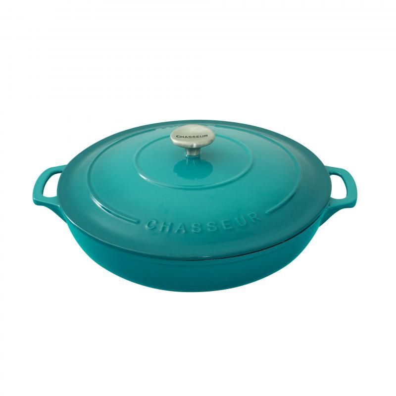 Chasseur Round Casserole 30cm in Mediterranean Blue, featuring cast iron design, self-basting lid, and eco-friendly materials.