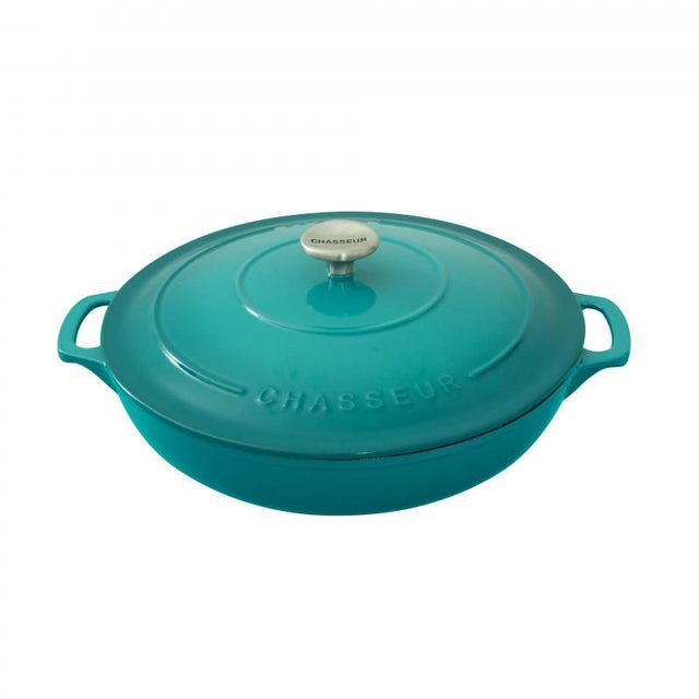 Chasseur Round Casserole 30cm in Mediterranean Blue, featuring cast iron design, self-basting lid, and eco-friendly materials.