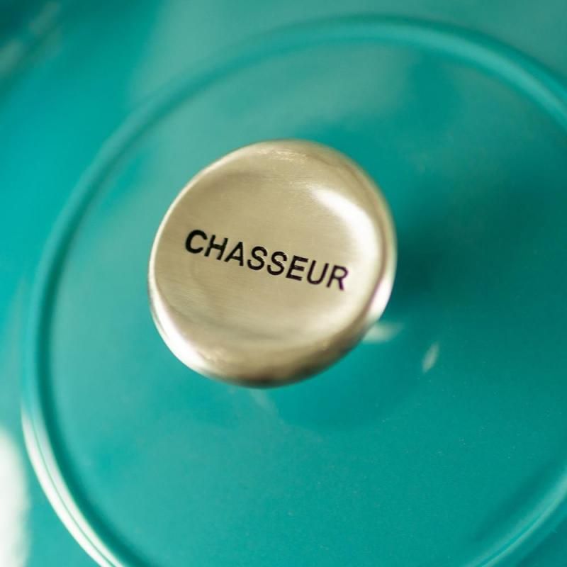 Chasseur Round Casserole 30cm in Mediterranean Blue, featuring hand-cast design, self-basting lid, and eco-friendly materials.