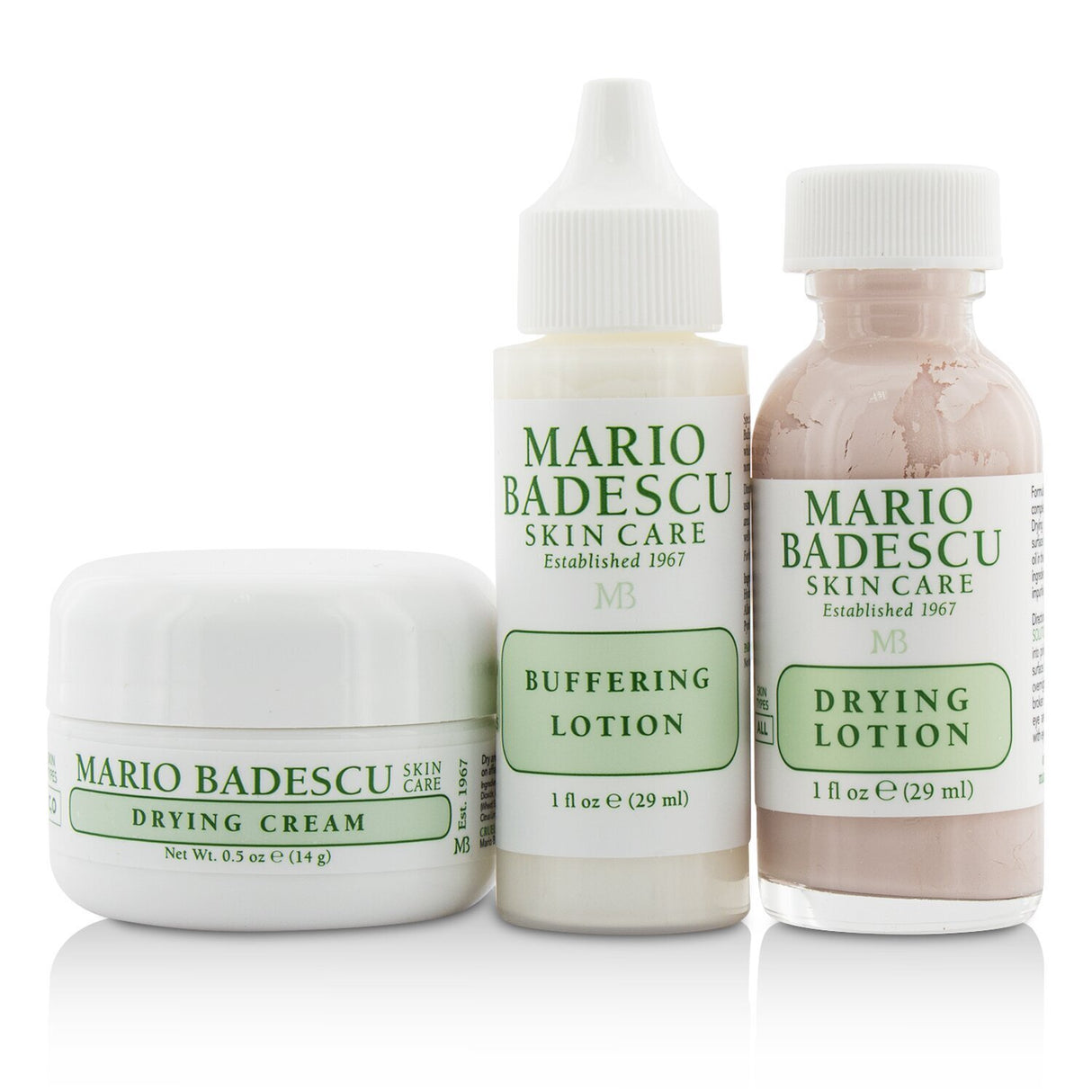 Mario Badescu Acne Repair Kit includes Drying Lotion, Drying Cream, and Buffering Lotion for effective acne treatment.