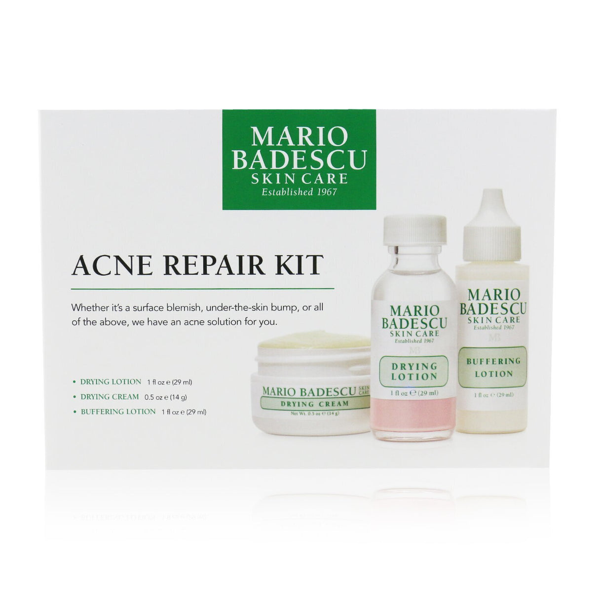 Mario Badescu Acne Repair Kit featuring Drying Lotion, Drying Cream, and Buffering Lotion for targeted acne care.