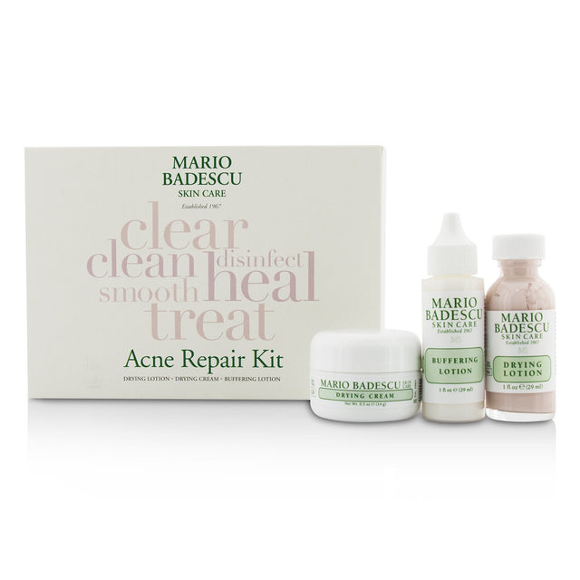 Mario Badescu Acne Repair Kit with Drying Lotion, Cream, and Buffering Lotion for effective acne treatment and care.