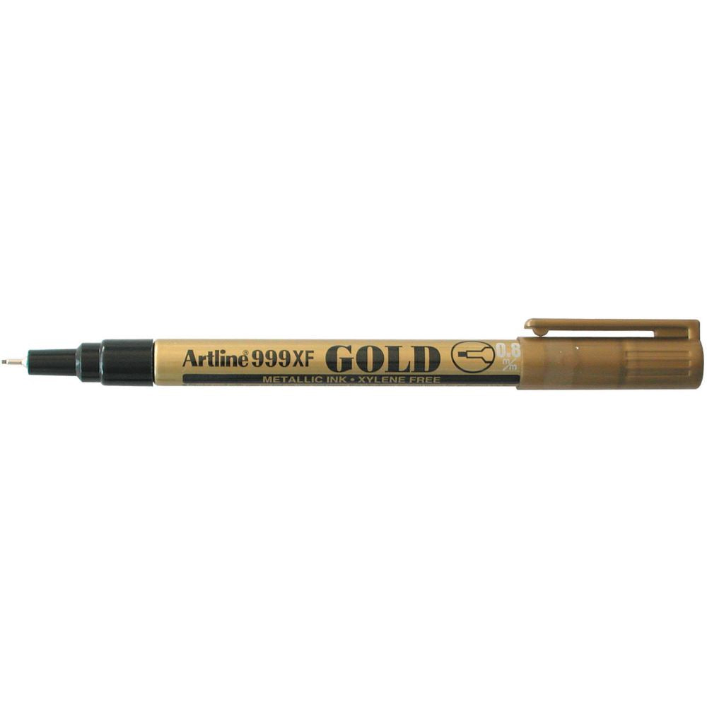 Artline 999 metallic markers featuring 0.8mm nib, fade-proof gold ink for permanent marking on various surfaces.