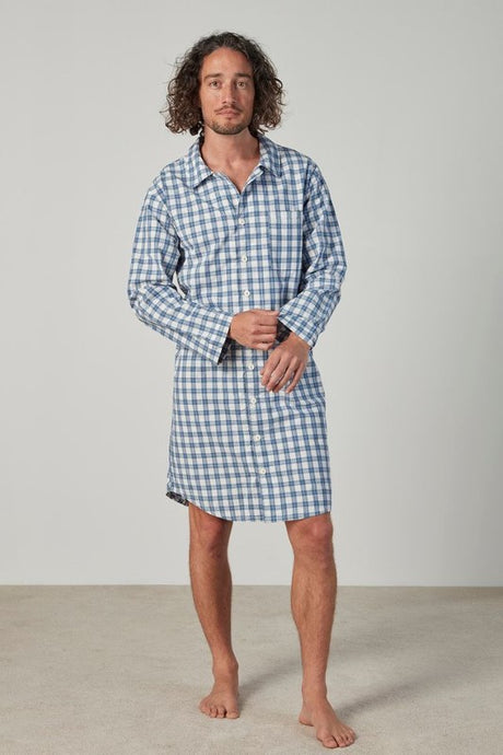 Soft brushed cotton nightshirt in small, featuring a button-down design, long sleeves, and a traditional collar.