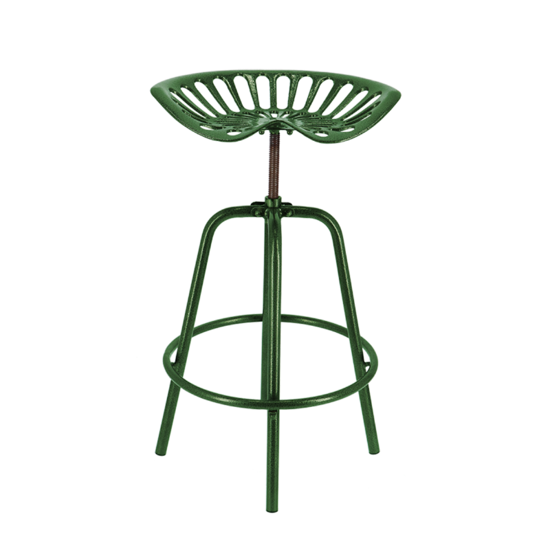 Height-adjustable green tractor bar stool with footrest, blending vintage charm and modern functionality in a rustic design.