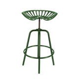 Height-adjustable green tractor bar stool with footrest, blending vintage charm and modern functionality in a rustic design.