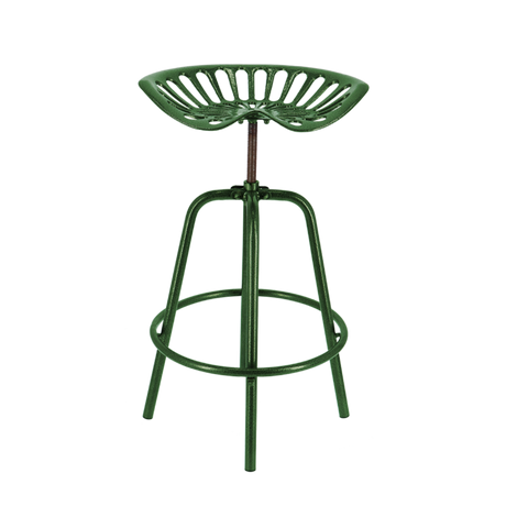 Height-adjustable green tractor bar stool with footrest, blending vintage charm and modern functionality in a rustic design.