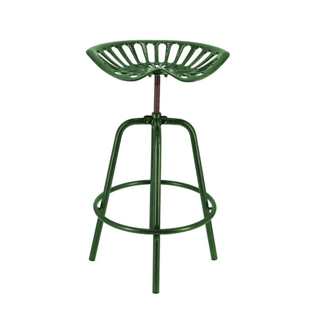 Height-adjustable green tractor bar stool with footrest, blending vintage charm and modern functionality in a rustic design.