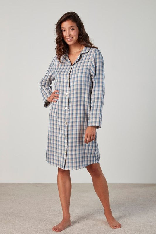 Plaid nightshirt by BAKSANA in large, featuring long sleeves and button-up design, crafted from 100% OEKO-TEX® cotton.