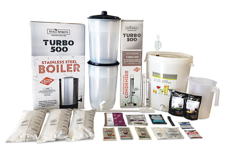 Complete distillery kit featuring T500 Condenser, boiler, fermenter, essences, and all essentials for home spirit crafting.