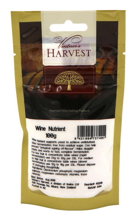 Vintner's Harvest Wine Nutrient 100g, a premium fermentation aid for smooth, efficient yeast activity in home winemaking.