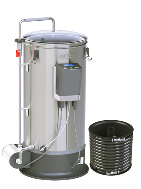 All-in-one brewing system in stainless steel, featuring a 30L capacity, magnetic pump, and app connectivity for easy beer making.