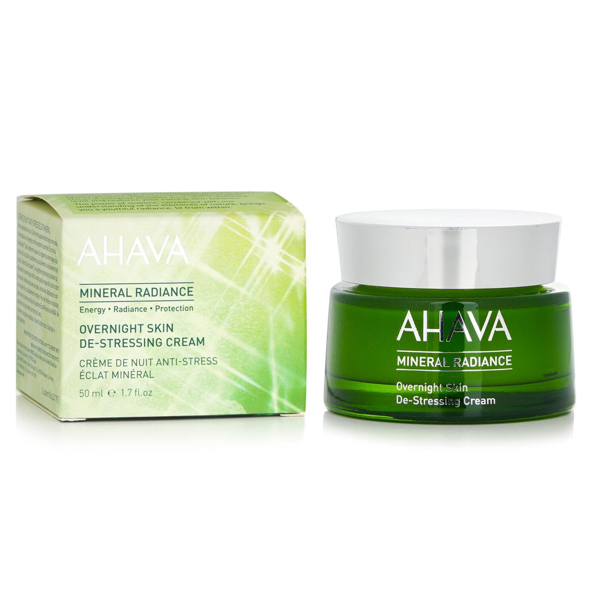 Ahava Mineral Radiance Overnight Cream in a 50ml jar, designed to nourish and protect skin overnight with soothing ingredients.