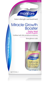 Manicare Miracle Growth Booster, a daily nail treatment with silk protein and vitamins for stronger, longer, and healthier nails.