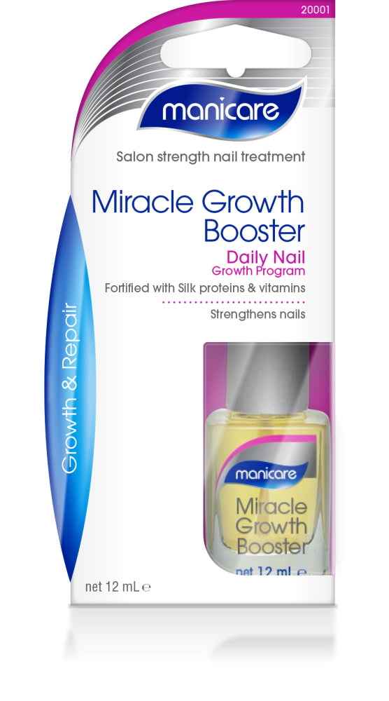 Manicare Miracle Growth Booster, a daily nail treatment with silk protein and vitamins for stronger, longer, and healthier nails.