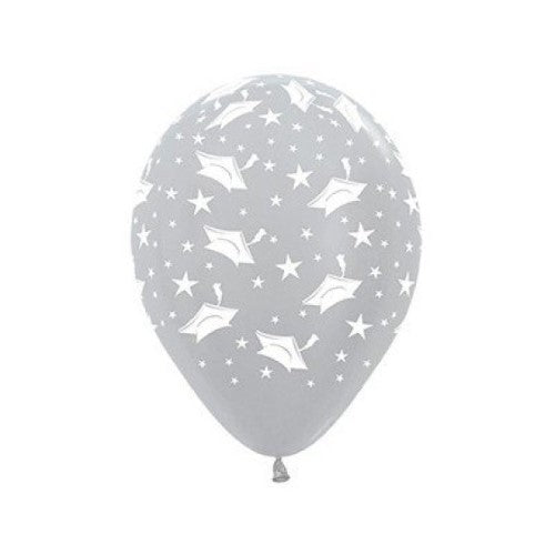 Sempertex 30cm Graduation Hats & Stars Satin Pearl Silver Latex Balloons, 25PK